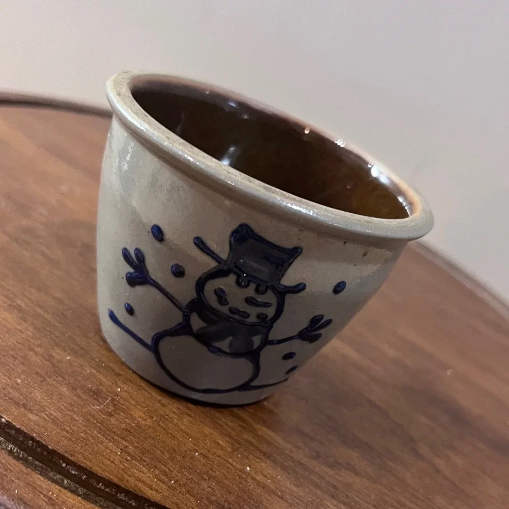 Vtg Blue Cobalt Snowman Salt Glaze Stoneware Small Crock Miniature Pot Gray